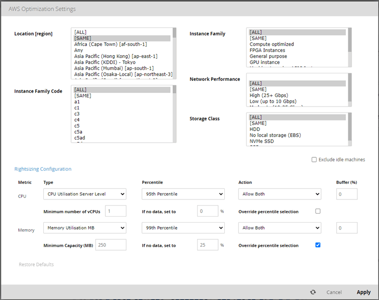 ITRS Capacity Planner configuration of cost recommendations