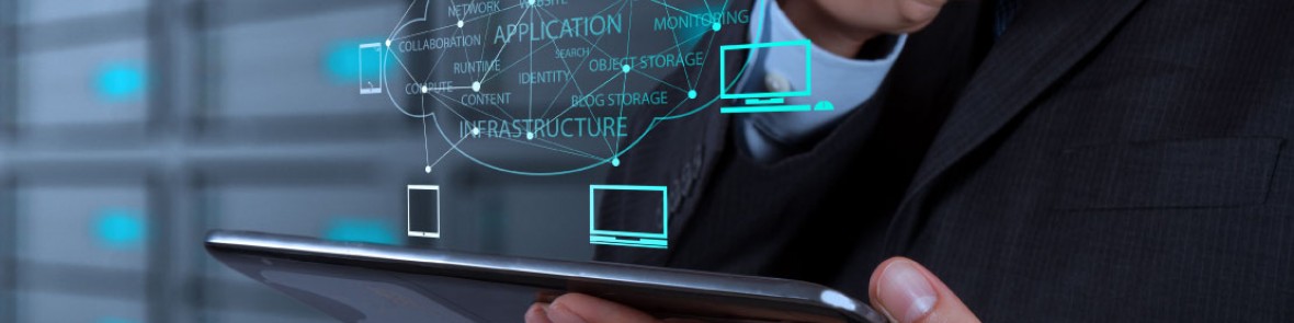 Futuristic image of person in suit looking at IT estate components and their connectivity